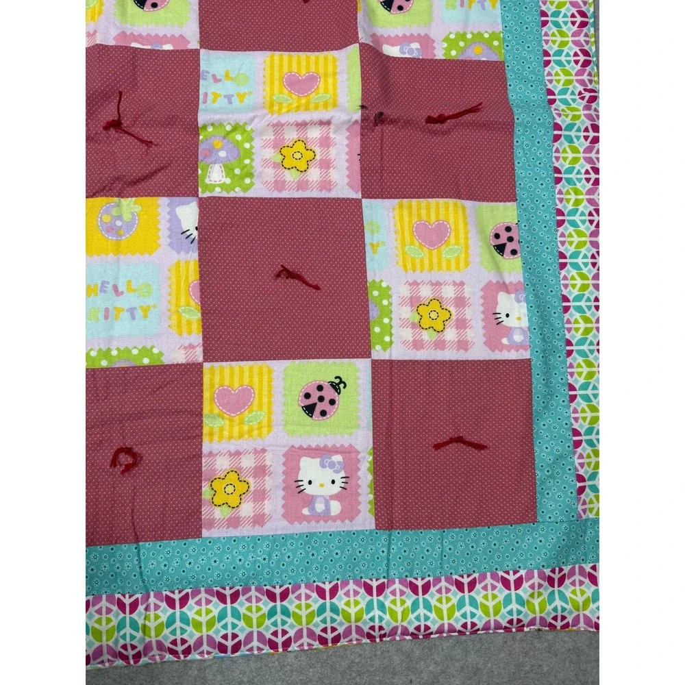 Handmade Hello Kitty Patchwork Baby Quilt Reversible Teddy Bear 34x34 Linus